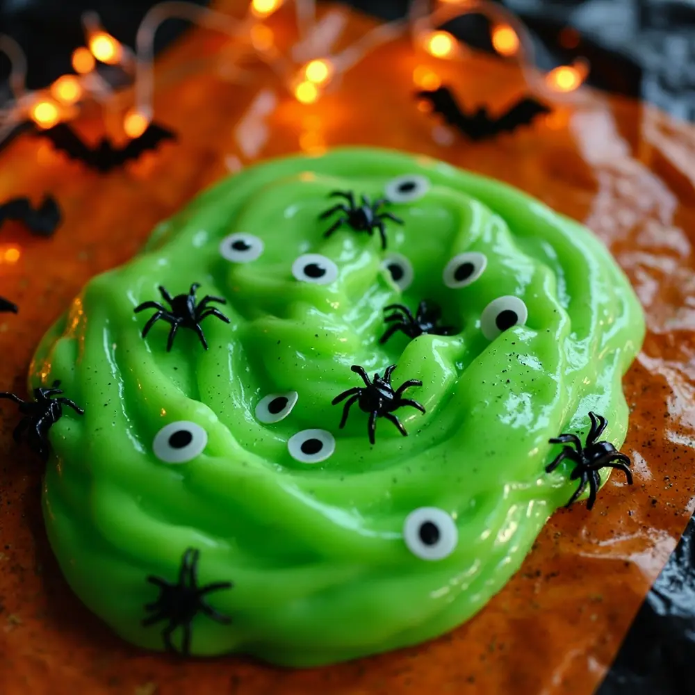 How to Make Eerie (but Fun!) DIY Monster Slime 6 Flattened small the slime plastic showing its out a surface eyes green googly and h3 into pressed with photo image 6 strong spiders black being