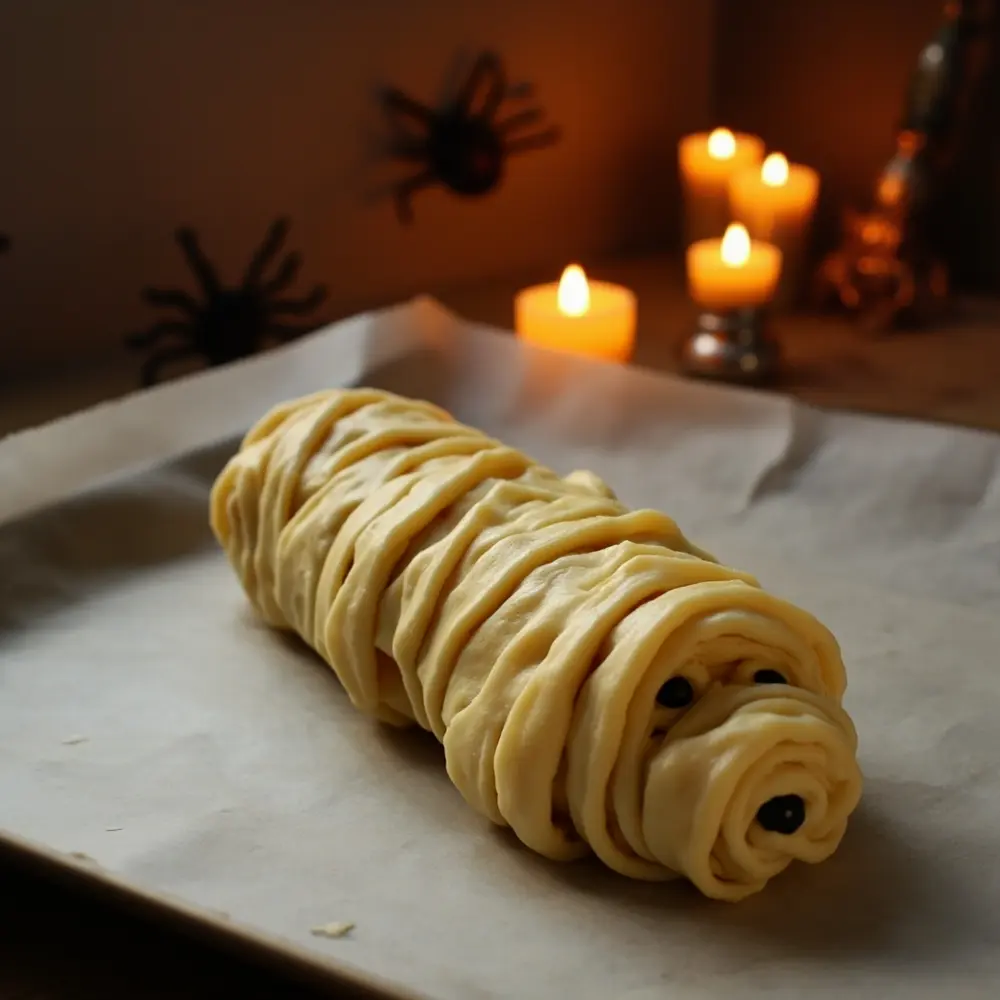 Recipe: How to Make Spooky and Delicious Mummy Dogs 6 Image-6: A fully wrapped but unbaked mummy dog, showing the crisscross pattern and the small gap left for the face.