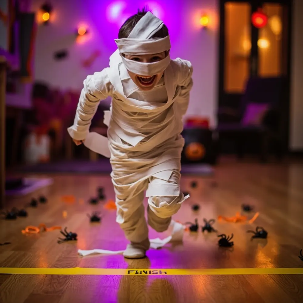 Your Guide to Hosting a Hilarious Mummy Wrapping Race 6 Stiff arms waddle tape line the sides hilariously across a finish on h3 to mummy of their at photo image 6 strong floor fully wrapped trying