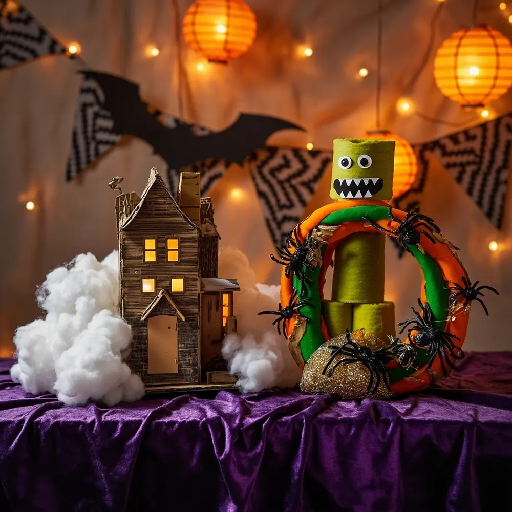 The $10 Dollar Store Craft Challenge: Who Can Make the Best Decoration? 6 Image-6: A lineup of finished, wildly different Halloween decorations on a table. Examples include a haunted house made from cardboard and cotton balls, a monster created from pool noodles, and a spooky wreath made of plastic spiders and ribbons.