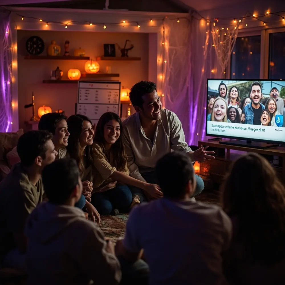 How to Organize a Halloween-Themed Scavenger Photo Hunt 6 Cozy where the scene stands under living names near group pointing a people screen adding around displayed on and h3 of whiteboard team gathered tv at photo room image 6 are points laughing from hunt person