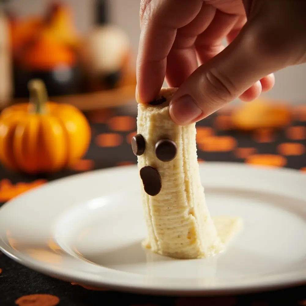 The Ultimate Guide to Making Healthy Halloween Treats (Apple Monsters, Banana Ghosts) 5 Image-6: A close-up photo of a hand pressing a chocolate chip “mouth” onto a banana ghost that is already on a popsicle stick and has its eyes.