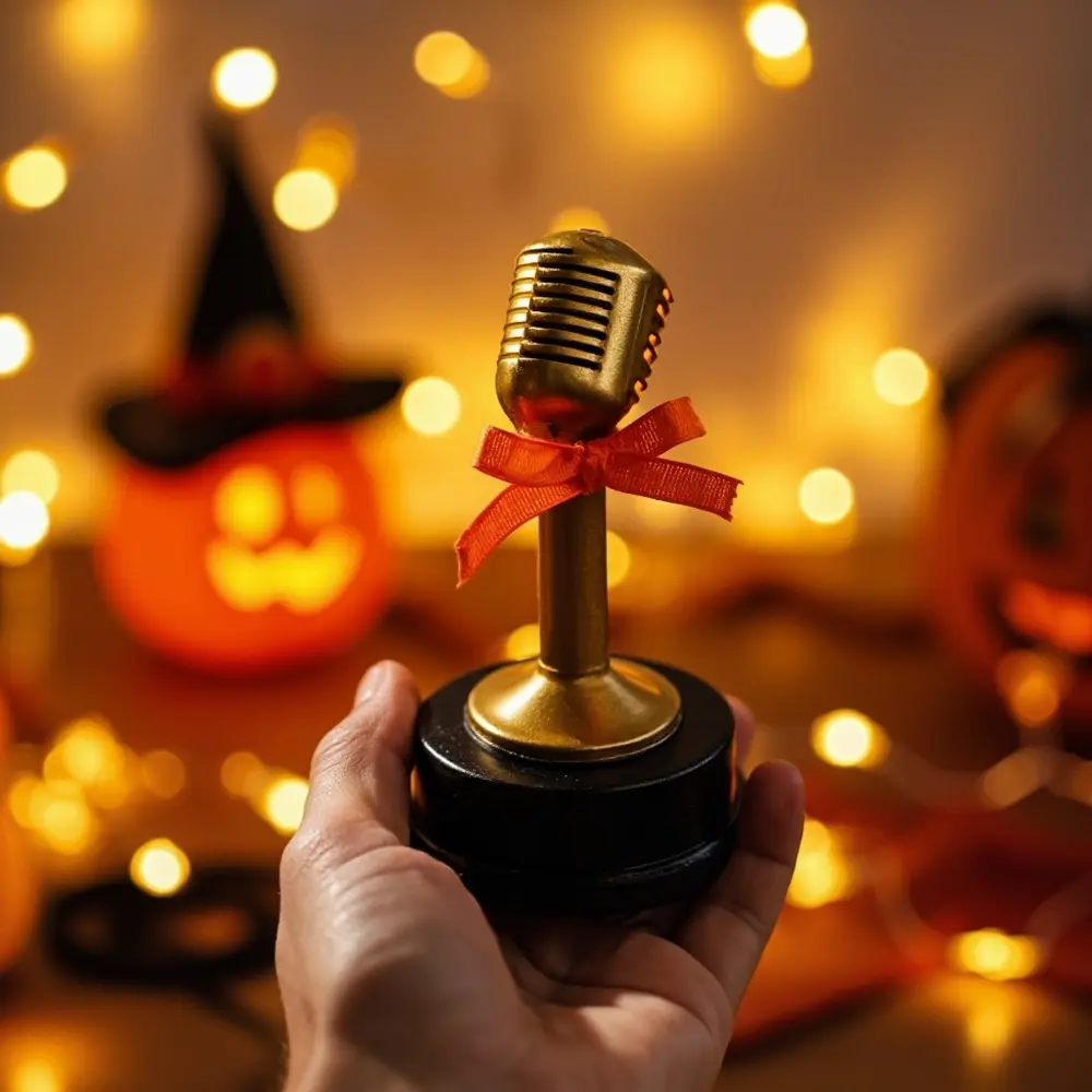 A Guide to Hosting "Costume Karaoke" at Your Next Party 6 Painted humorous spray plastic up ribbon holding base glued a close around award h3 to it of with made hand image shot 6 microphone from homemade tied