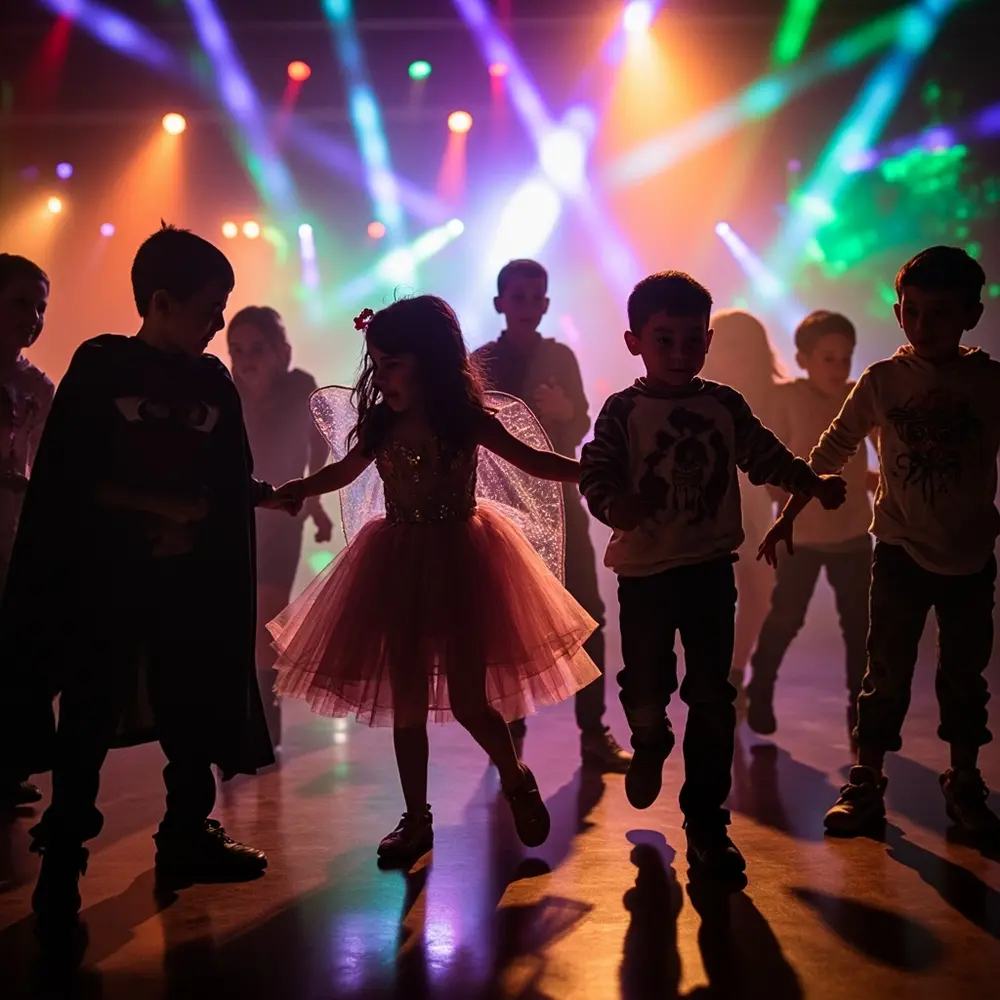 Halloween at Center Parcs: What to Expect and Must-Do Activities 6 Kids silhouettes dancing flashing costumes a and an h3 of in with colourful image shot 6 strong children joyful inside abandon from action 8217 lights disco