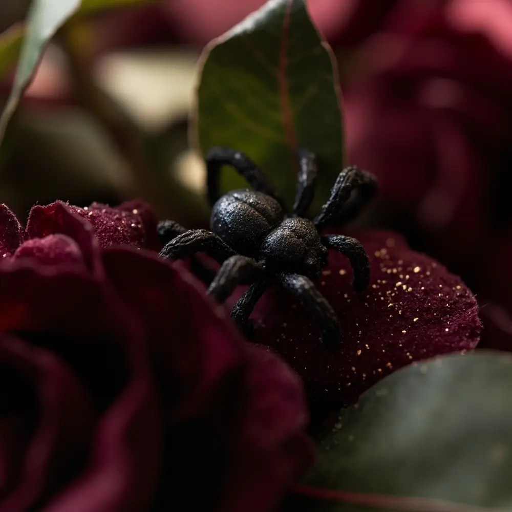 Image-6: A macro close-up shot of a small, delicate black spider being glued onto a faux flower petal on the wreath.