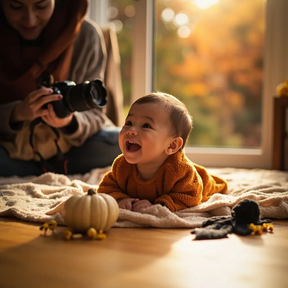 How to Celebrate Baby's First Halloween (Adorable Tips & Photo Ops!) 6 Baby them the showing smiling shoulder perspective over camera holding s parent blanket a on and h3 their capturing photo image 6 below from 8217