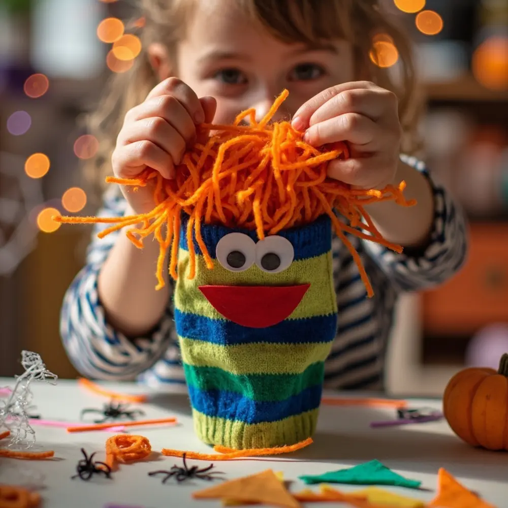 A Step-by-Step Guide to Making Adorable Monster Sock Puppets 6 Image-6: A photo of a partially completed sock puppet with eyes and a mouth, while a child is gluing on colorful orange yarn for hair.