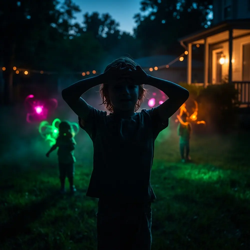 How to Set Up an Epic Glow Stick Hide and Seek Game 6 Image-6: A photo taken from behind a seeker who is counting against a tree. In the background, you can see blurry figures with faint glows scattering into the yard.