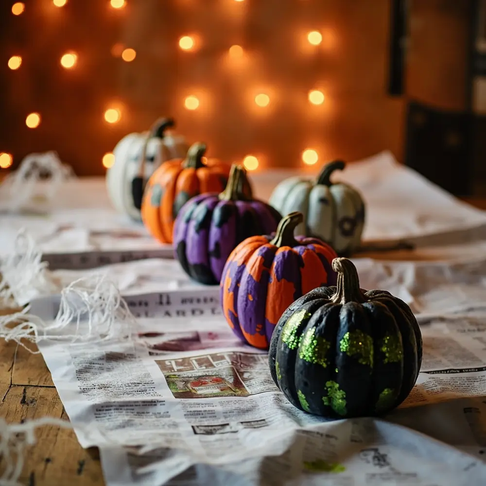 Your Guide to a No-Carve Pumpkin Painting Party 6 Image-6: A row of several uniquely painted pumpkins drying on a newspaper-covered surface. One has a ghost face, another is abstract, and a third is covered in glitter.