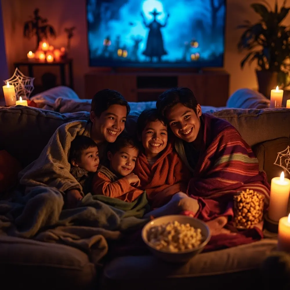 How to Host the Ultimate Halloween Movie Marathon Night (with Themed Snacks!) 6 Image-6: A shot from behind a couch showing a group of friends or a family snuggled under blankets, illuminated by the glow of the TV screen, with bowls of popcorn nearby.