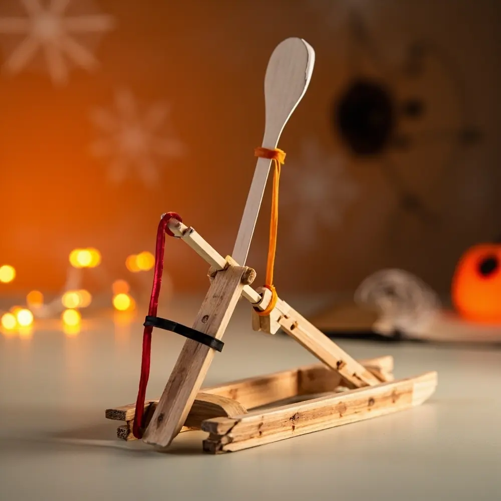 How to Engineer a Halloween Candy Catapult with Popsicle Sticks 6 Side view launching how the showing mechanism main band base rubber catapult a stretched highlighting h3 to it of photo creates image tip 6 arm tension from down