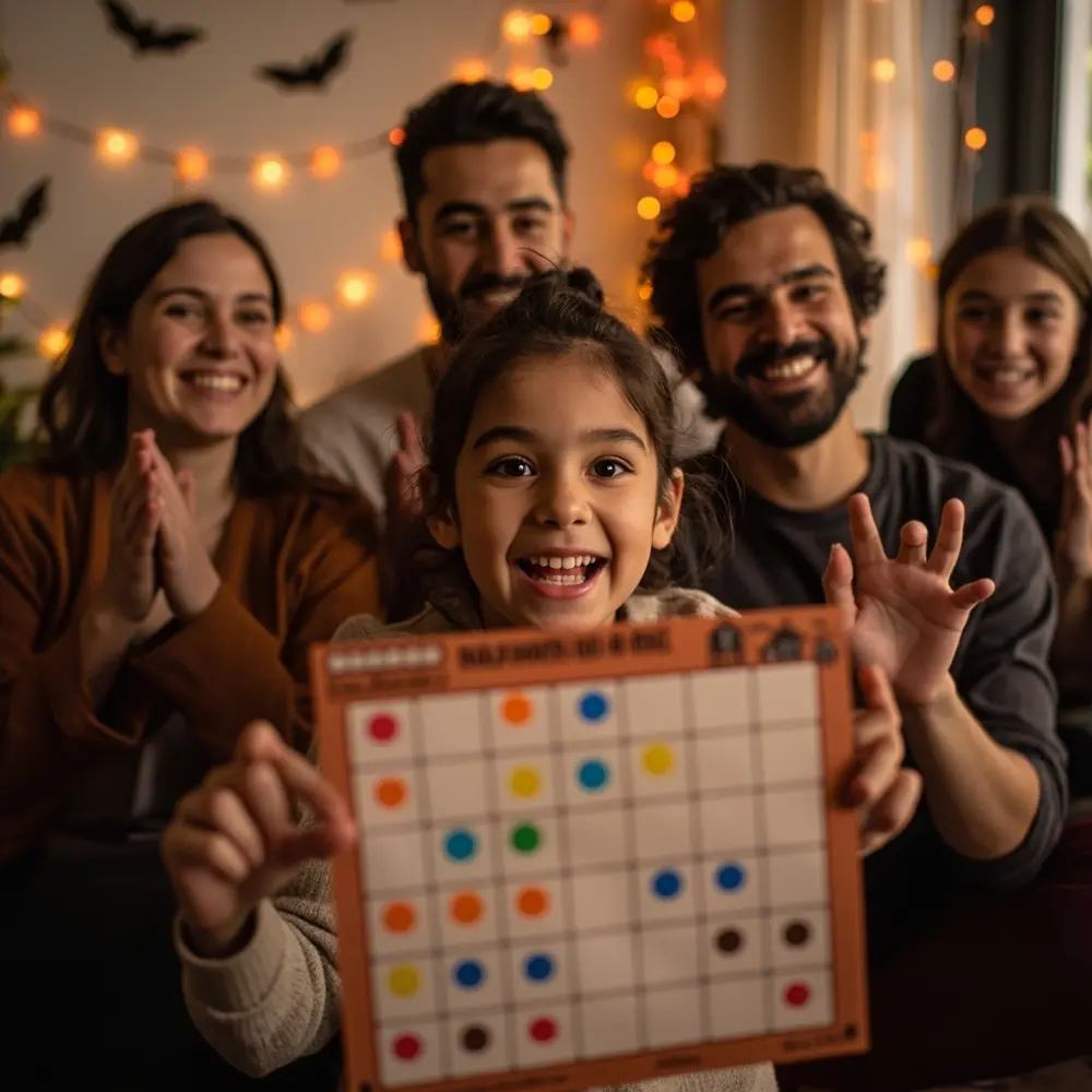 How to Plan and Run a Spooky Halloween Bingo Night at Home 6 The line smiling up holding her young diagonal background pointing excitedly a card and h3 to family is of in photo image markers 6 clapping winning bingo girl