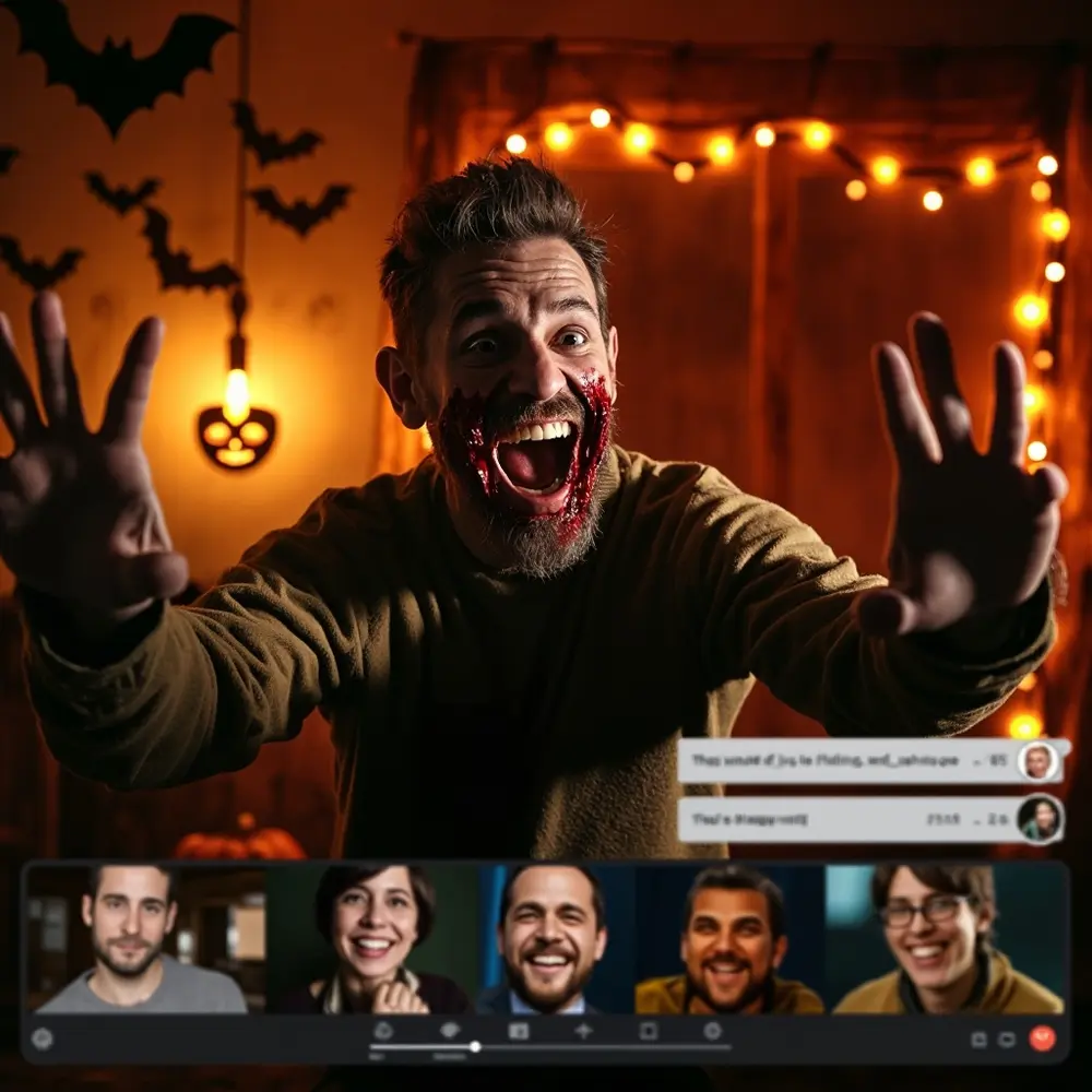 How to Plan and Host a Virtual Halloween Party on Zoom 6 Participant focused charades who the dramatically actively up playing visible zoom one screenshot out virtual smaller a 8221 8220 guesses close acting on and h3 windows is of into in meeting participants image other 6 are zombie laughing typing chat