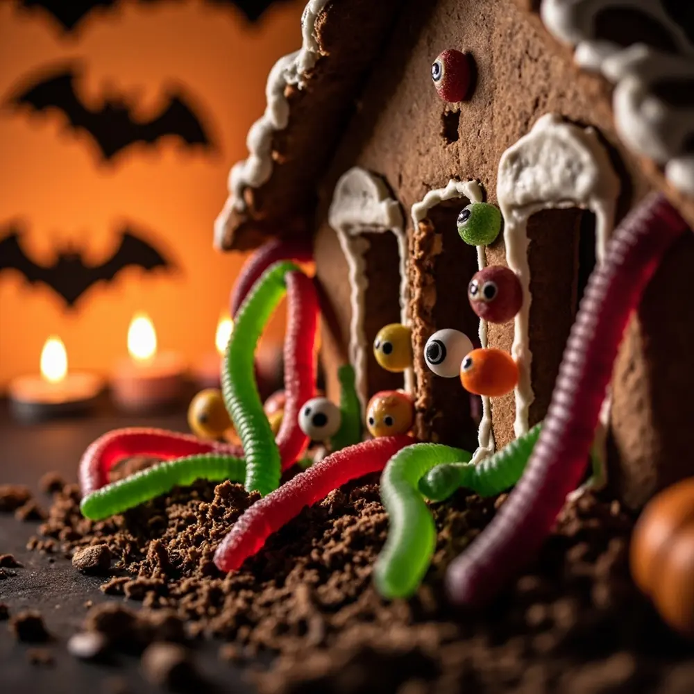 Recipe: How to Build Creepy-Cute DIY Haunted Gingerbread Houses 7 Image-7: A fun photo showing gummy worms and candy eyeballs being added to the gingerbread house scene.