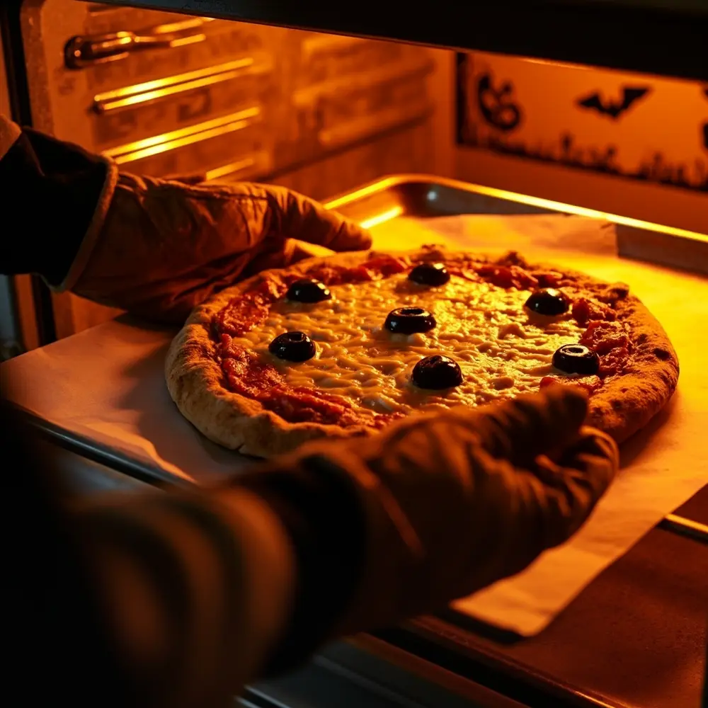 Recipe: How to Make Creepy Monster Eye Pizza 7 Golden the showing pulling glowing out a oven angle mitts eye an h3 monster of adult pizza carefully image slightly shot 7 wearing from perfectly low brown baked