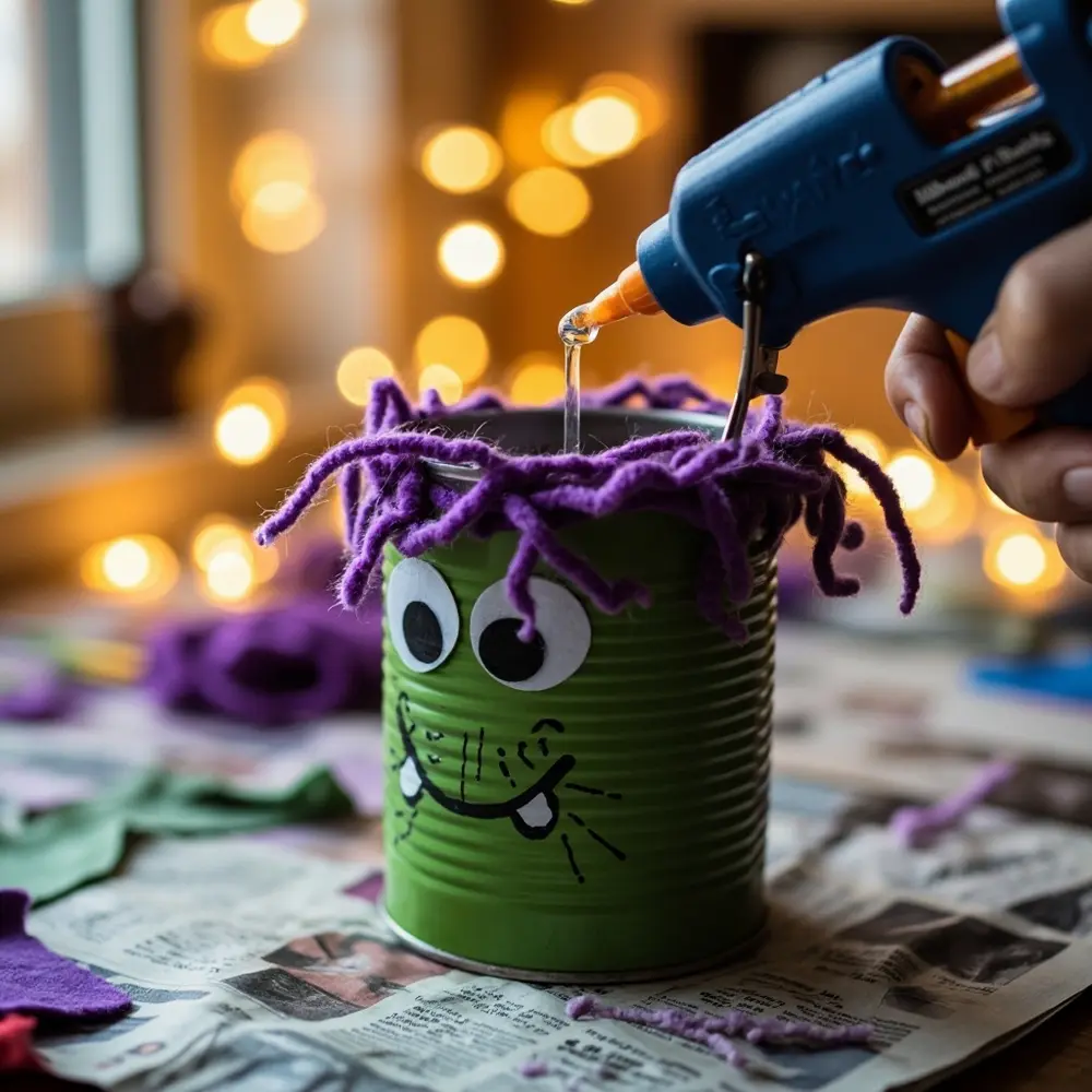 Eco-Friendly Fun: Creating Upcycled Halloween Decor from Cans and Jars 6 Image-7: A hand using a hot glue gun to attach strands of purple yarn to the top of a green monster can to create “hair.”
