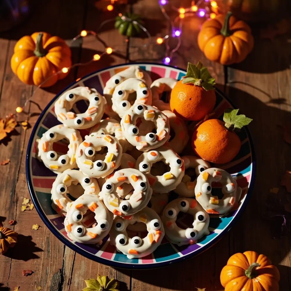 How to Host the Ultimate Halloween Movie Marathon Night (with Themed Snacks!) 7 Image-7: A bright, colorful plate holding several “Monster Eyeball Pretzels” and some peeled clementines decorated to look like mini pumpkins.