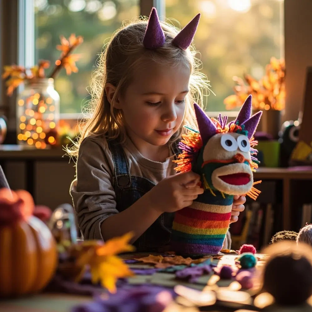 A Step-by-Step Guide to Making Adorable Monster Sock Puppets 7 Image-7: Another angle showing a child adding purple felt triangles as horns to the top of their puppet’s head.