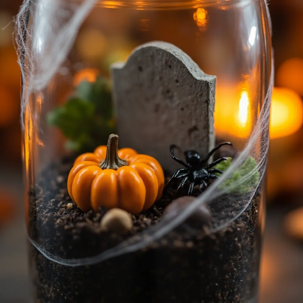 How to Create a Spooky Halloween Terrarium in a Jar 7 Image-7: A shot focusing on a specific detail, like a tiny pumpkin sitting next to a gravestone, to highlight the miniature scale.