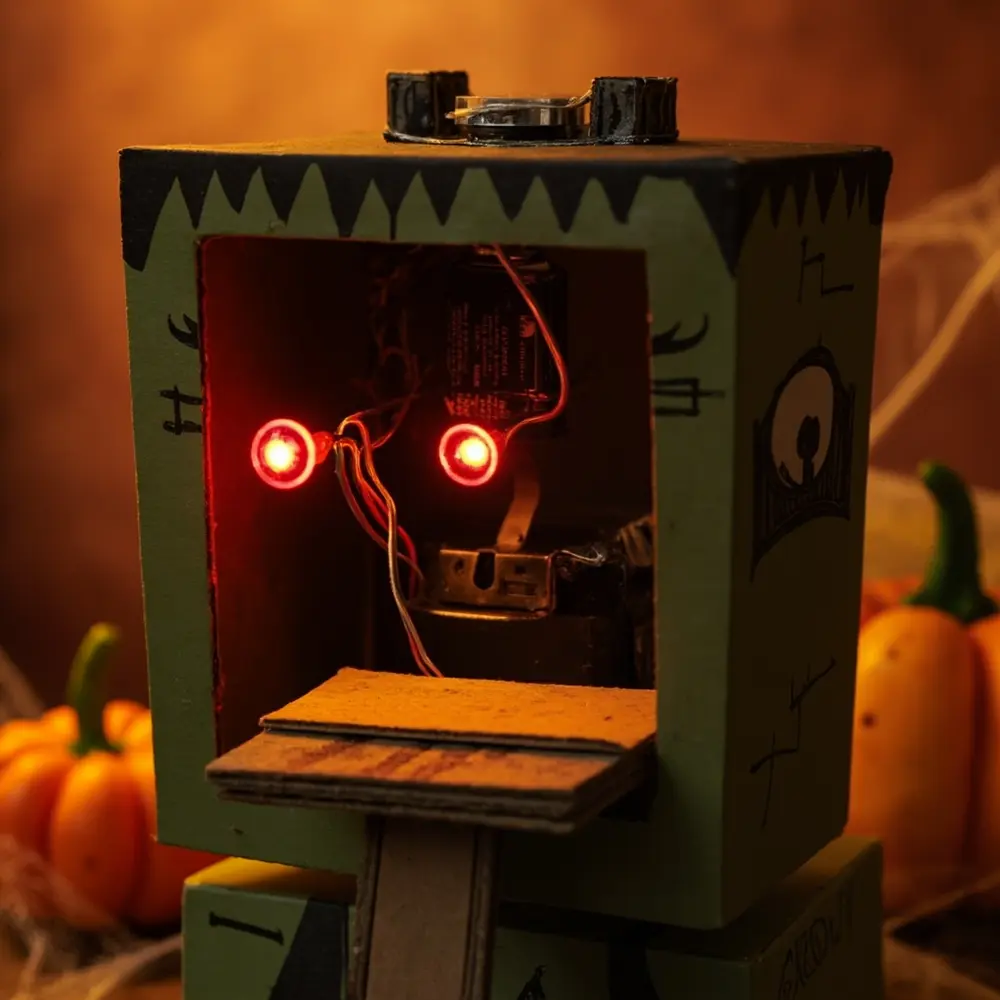 How to Engineer a Frankenstein-Themed Candy Dispenser 7 Connected small led the leading wires mechanism showing lever up visible background open a close advanced eye an h3 to of in plane inclined with more image 7 strong dispenser inside ramp detailed