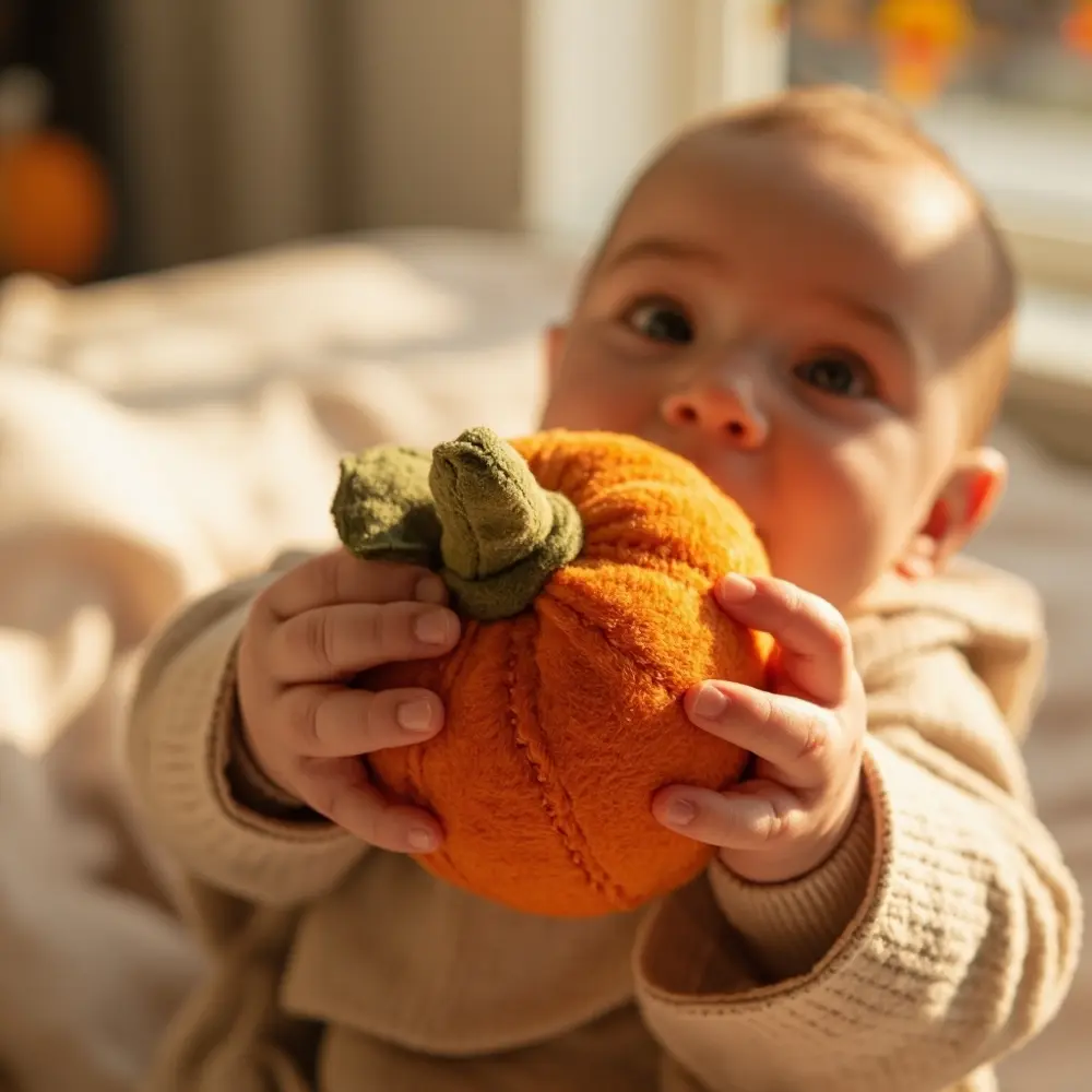 How to Celebrate Baby's First Halloween (Adorable Tips & Photo Ops!) 7 Baby orange hands up toy focusing s holding tiny a close soft on h3 onto image plush shot 7