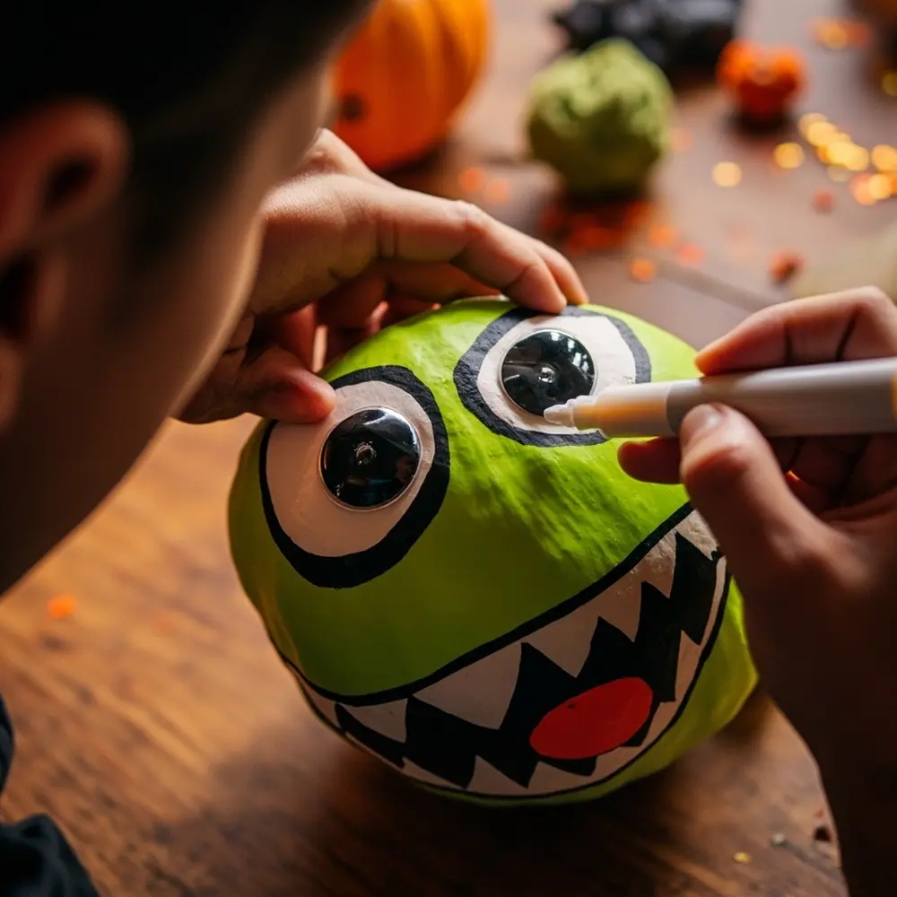 Your Guide to a No-Carve Pumpkin Painting Party 7 Image-7: A close-up of hands carefully gluing giant googly eyes onto a brightly painted monster pumpkin.