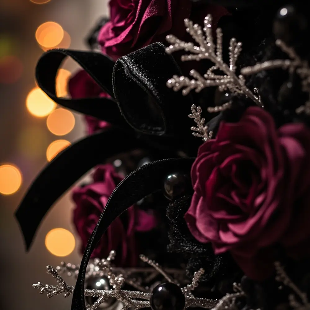 Image-7: Another close-up showing a thin, velvet ribbon being carefully woven between the decorative elements.