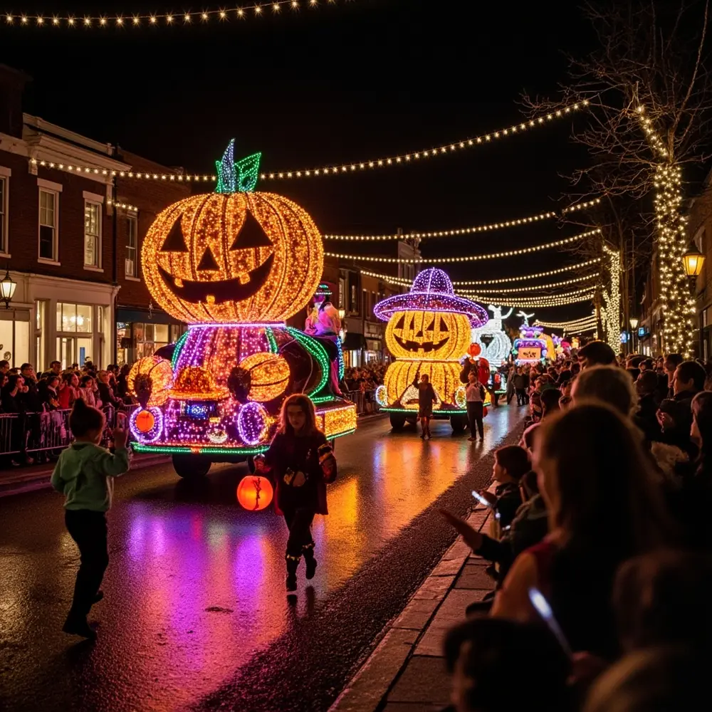 The spectators illuminated night halloween parade lining street a costumed excited and h3 of at with participants photo image float 7 colorful dynamic