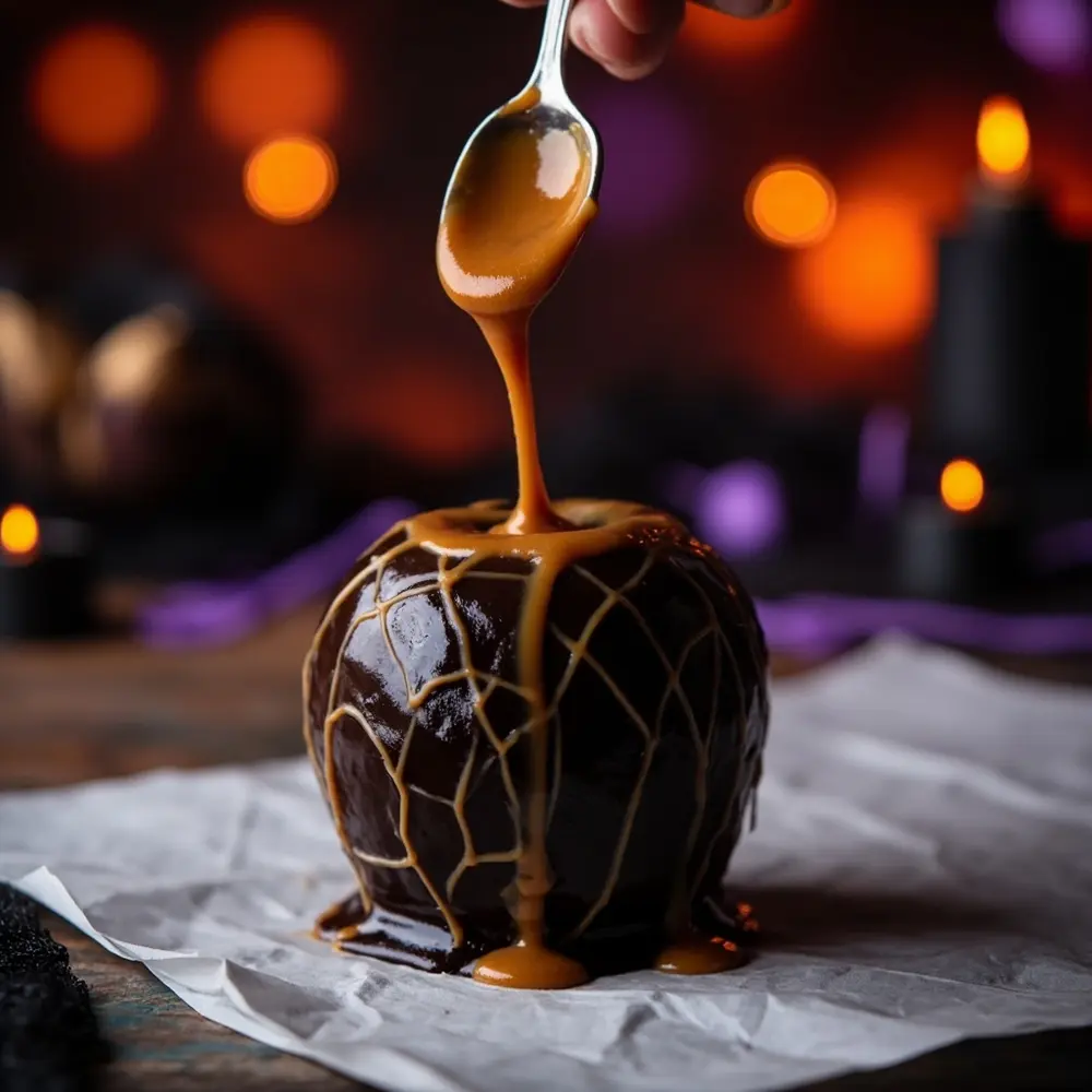 How to Make 'Poison' Candy Apples (with a Dark Caramel Drizzle) 7 Image-7: A dramatic shot of the dark caramel being drizzled from a spoon onto a finished black candy apple, creating eerie, dripping patterns.