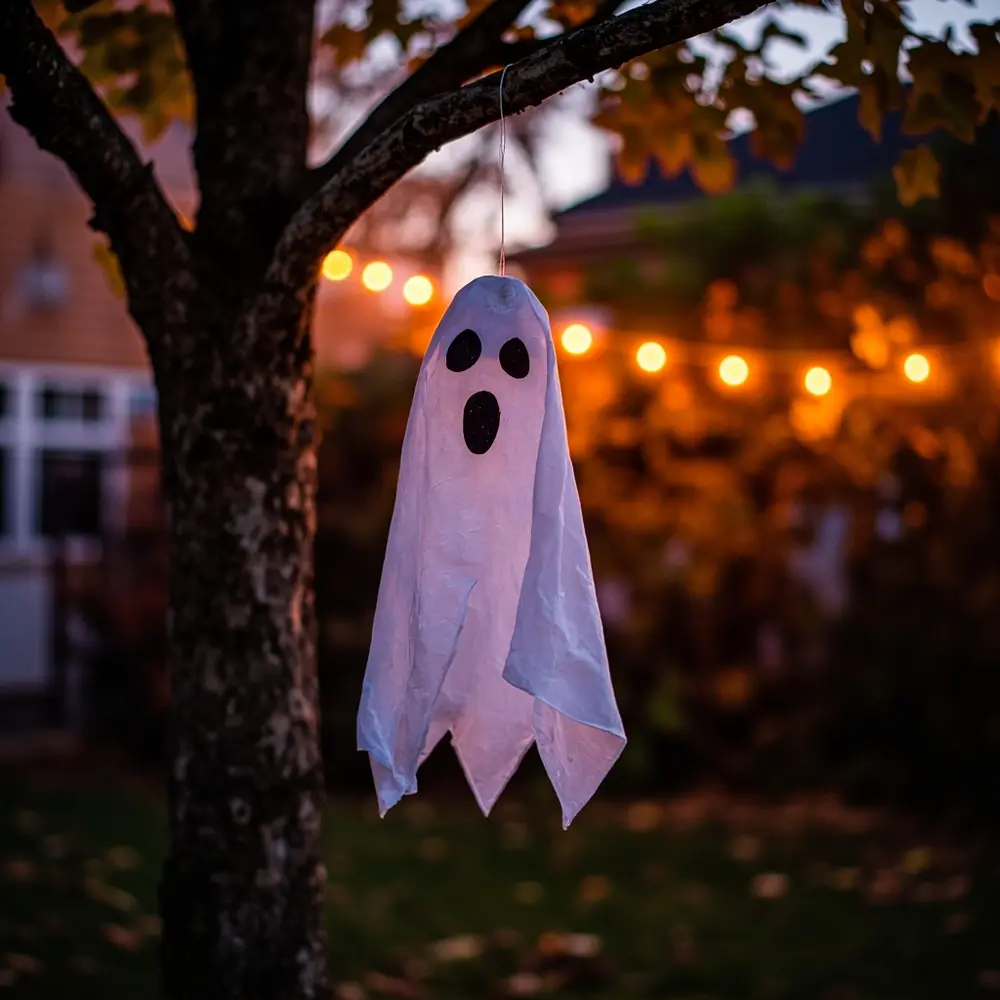 DIY Haunted House Decor: How to Make Spooky Silhouettes and Ghosts 7 Image-7: A photo of a finished, stiffened ghost hanging from a tree branch in a yard, looking like it’s genuinely floating in the air.