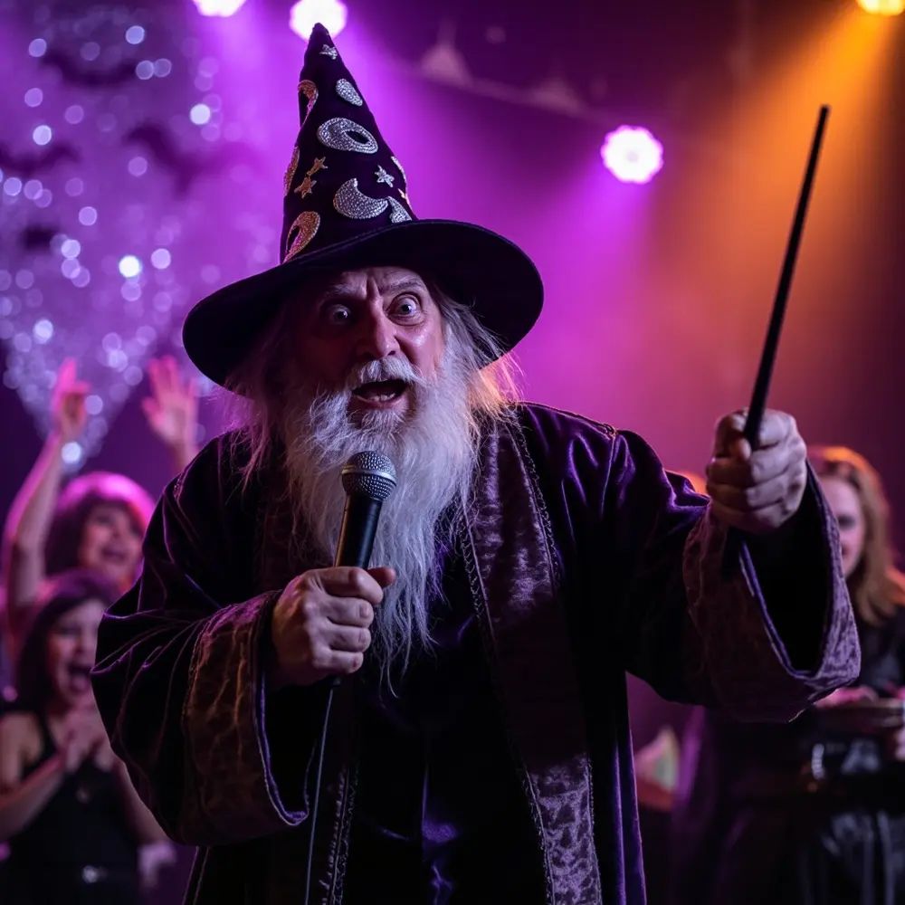 A Guide to Hosting "Costume Karaoke" at Your Next Party 7 Candid while the wizard dramatically toy guest holding mid pointing a crowd h3 of in at as wand image other hand shot 7 song microphone dressed
