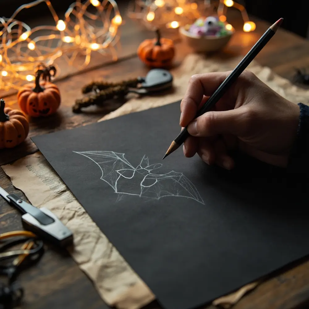 A Parent's Guide to Making DIY Bat Wings and Masks 7 Image-7: A photo of a hand sketching the bat mask outline on a piece of black construction paper with a pencil.