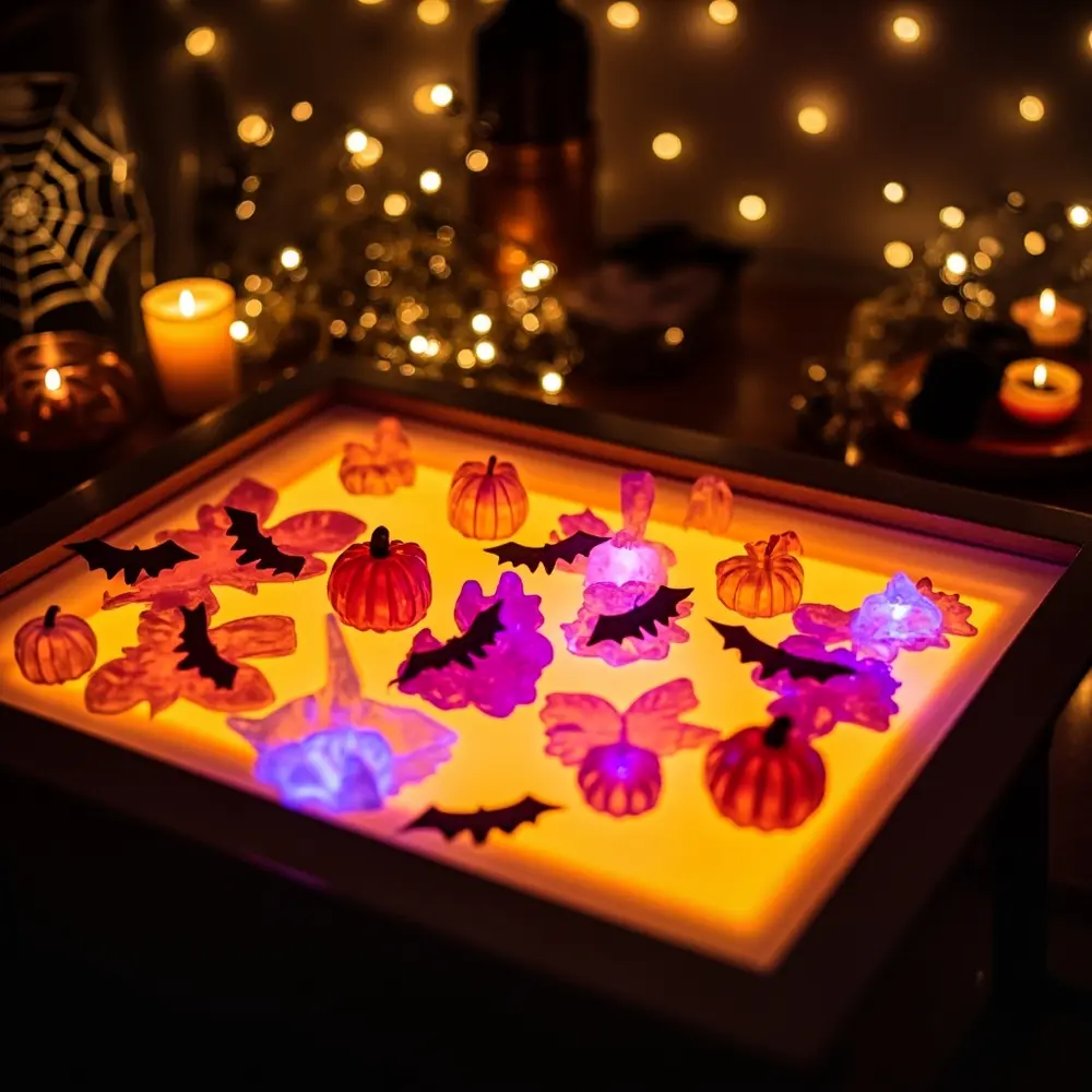 15 Spooktacular Sensory Halloween Activities for Hands-On Fun 7 Ghosts li small arranged hands illuminated halloween light pumpkins themed objects vibrant a table and with like image translucent 7 strong by being bats