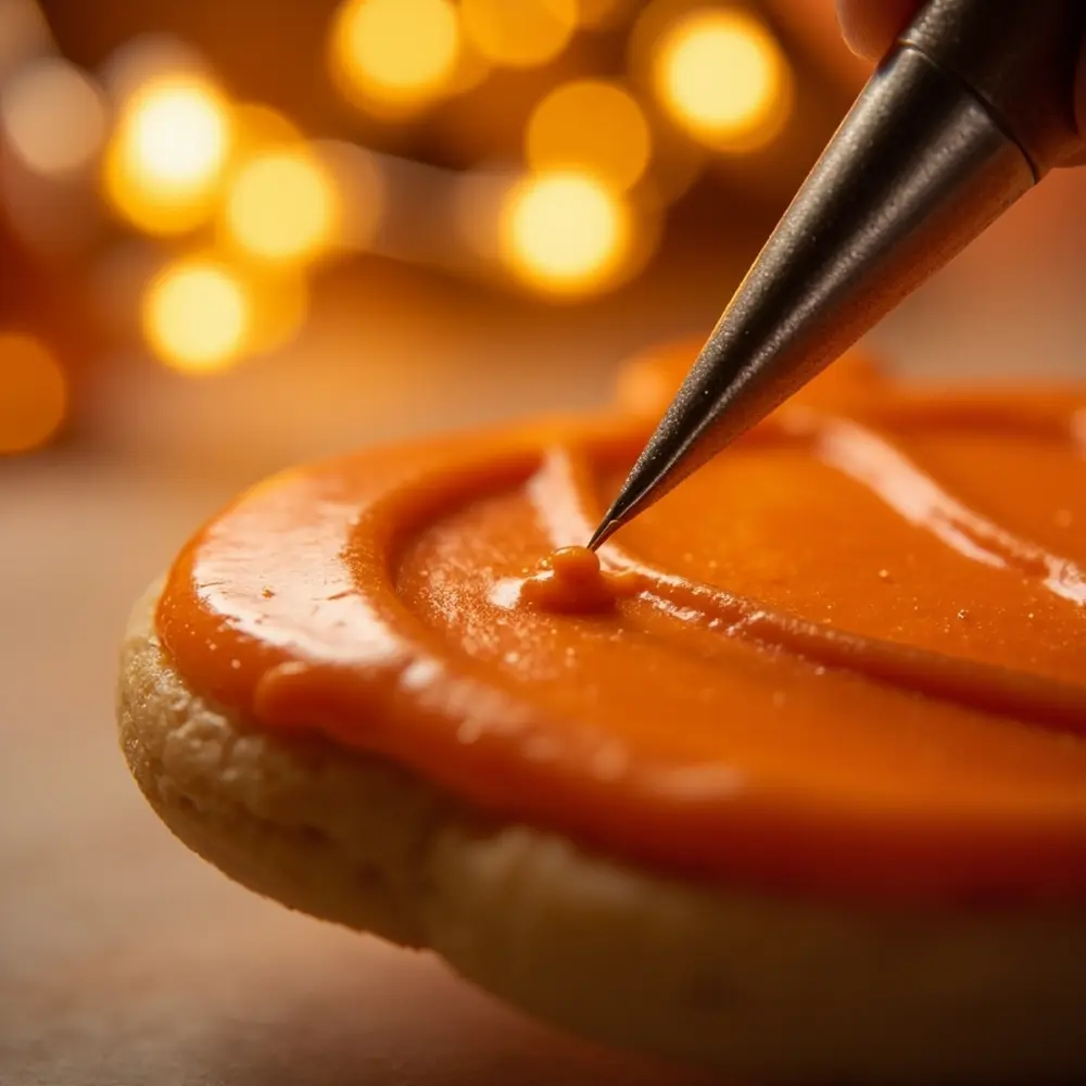 A Guide to Decorating Halloween Themed Sugar Cookies 7 Image-7: A macro shot of a scribe tool gently popping a tiny air bubble on the surface of freshly flooded orange icing on a pumpkin cookie.