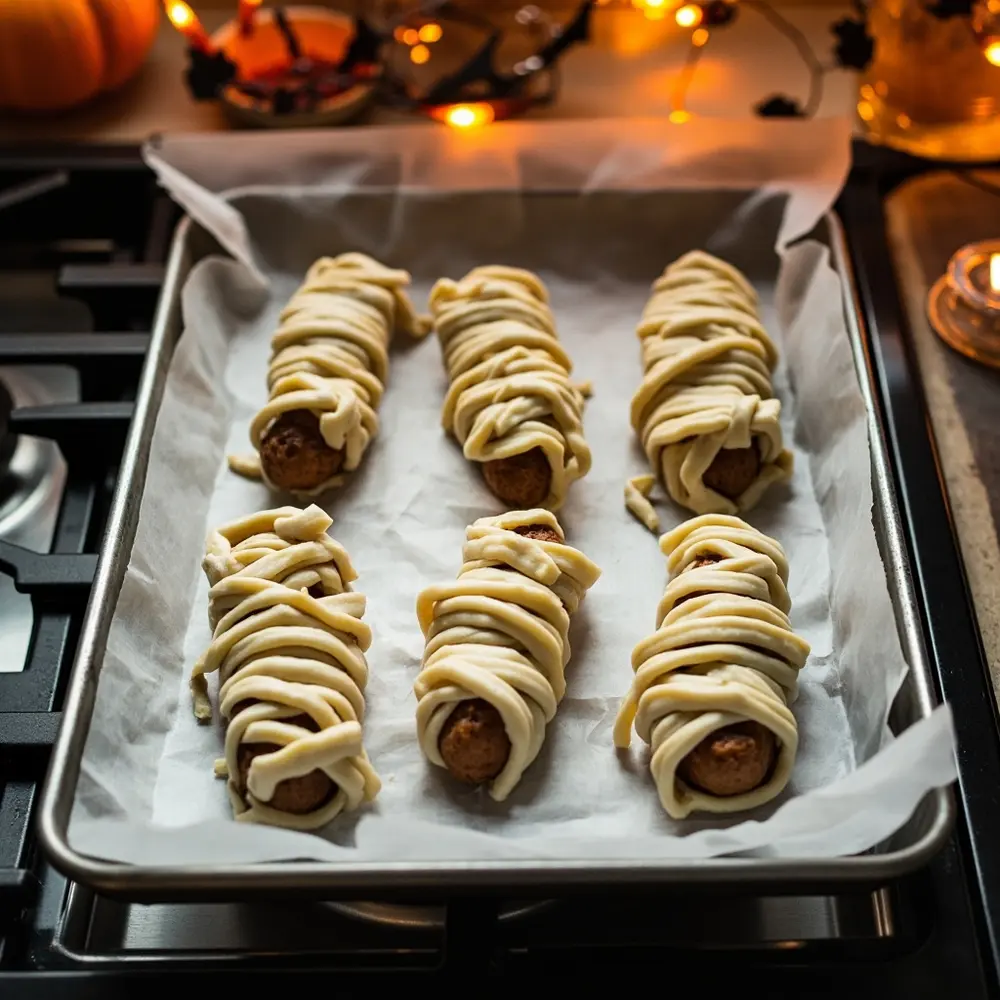 Recipe: How to Make Spooky and Delicious Mummy Dogs 7 Image-7: Several wrapped mummy dogs arranged neatly on a parchment-lined baking sheet, ready to be placed in the oven.