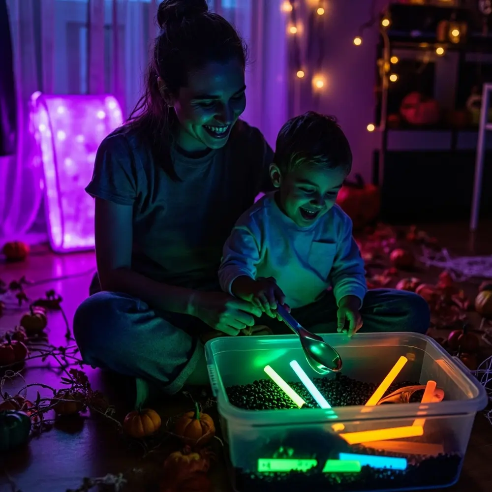 How to Create a Glow-in-the-Dark Sensory Bin 8 The sitting smiling lifts scoop glowing parent next a child on h3 to of their with as image shot 7 strong heartwarming floor both beans from bin filled