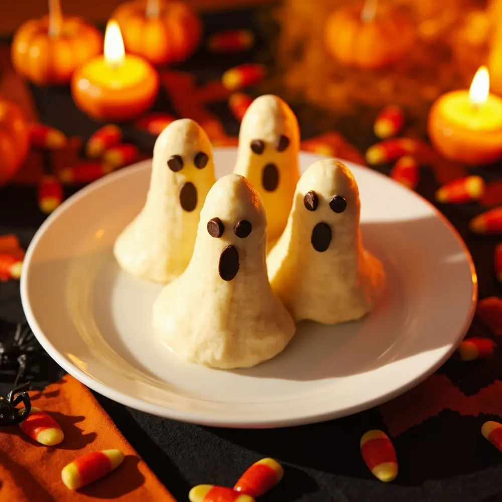 The Ultimate Guide to Making Healthy Halloween Treats (Apple Monsters, Banana Ghosts) 6 Image-7: A shot of three completed banana ghosts standing upright on a platter, looking like a small ghostly choir.
