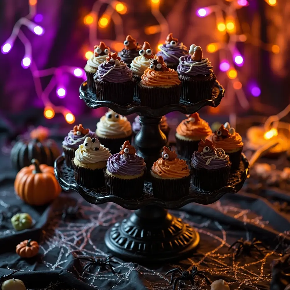 Recipe: How to Bake and Decorate Spooky Halloween Cupcakes 7 Image-7: A beautifully arranged platter filled with a variety of finished Halloween cupcakes—ghosts, mummies, spiders, and monsters are all visible.