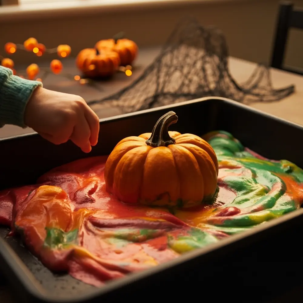 The Ultimate Pumpkin Volcano Experiment: A How-To Guide 7 Small the pumpkin showing sitting post settled tray poking a pool on eruption h3 is of in cautiously image hand shot 7 colorful foam