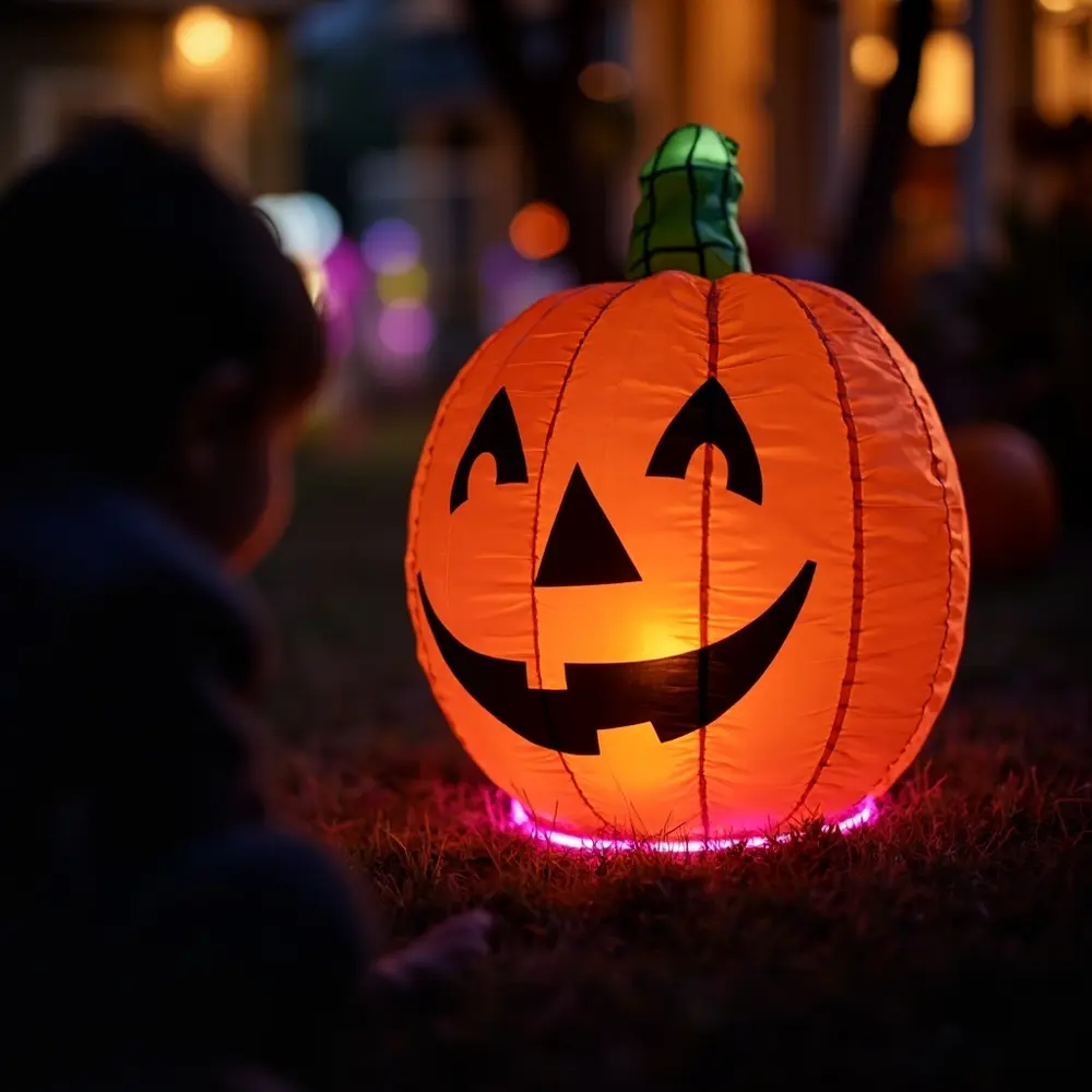 How to Set Up an Epic Glow Stick Hide and Seek Game 7 Image-7: A seeker’s point-of-view shot, showing a faint pink glow visible from behind a large inflatable pumpkin decoration.
