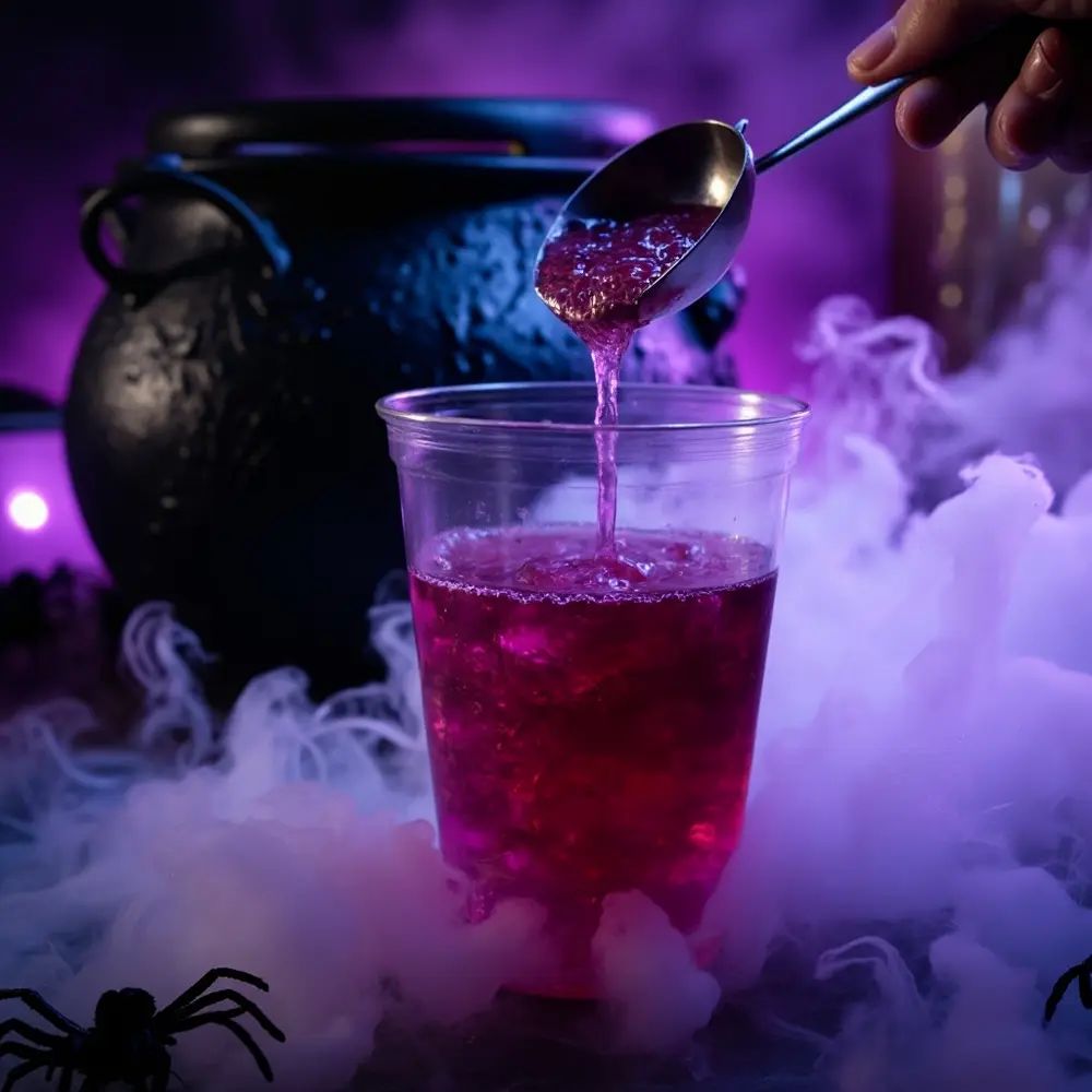 How to Make a Bubbling 'Witch's Brew' Punch (with Dry Ice Safely!) 6 Image-7: A hand ladling the colorful punch from the foggy, bubbling bowl into a clear serving cup, showcasing the spooky effect.