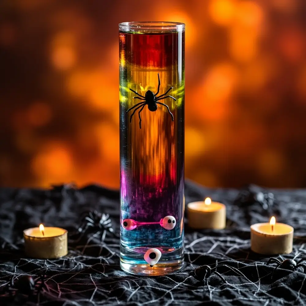 The Density Tower Potion: Layering Liquids for a Spooky Effect 7 Side magically view the plastic showing water come lower layer visible has spider suspended a between googly on and eye rest h3 to is of floating tower also image layers 7 strong density oil