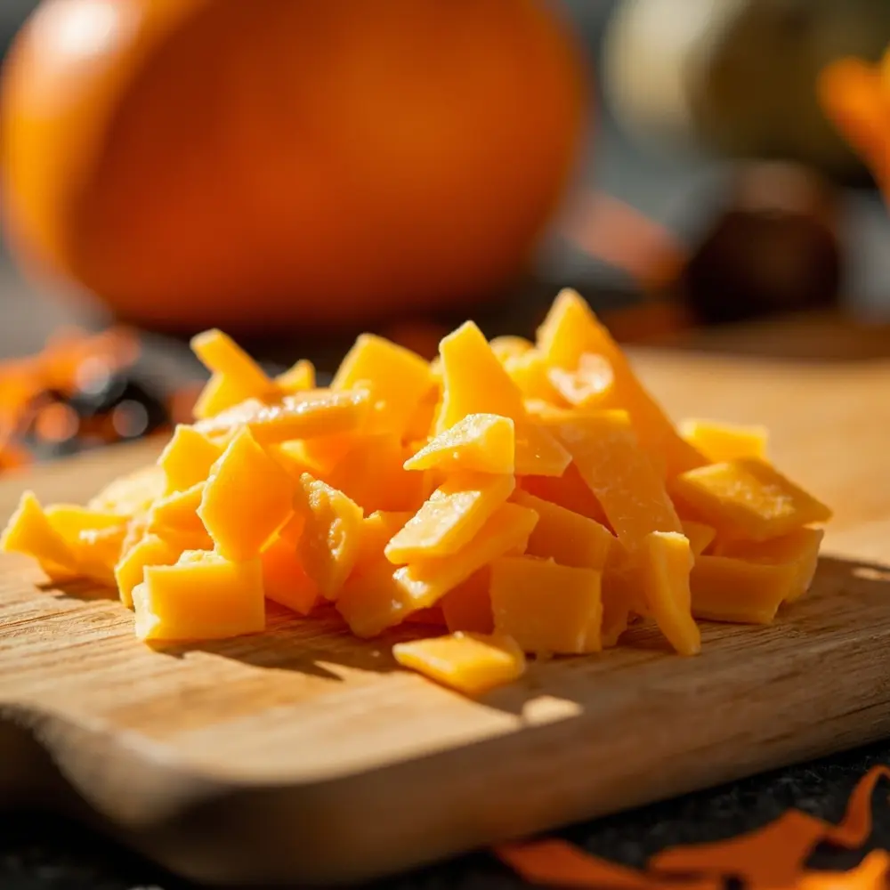 Fun with Food: Using Cookie Cutters for Pumpkin Shaped Cheese & Crackers 7 Image-7: A small, fun shot of the leftover cheese “scraps” in a little pile, ready to be snacked on.