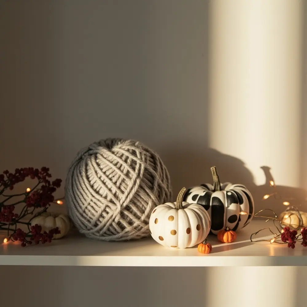 How to Decorate Pumpkins with Yarn, Paper, and Washi Tape 7 Image-7: A stylishly arranged group of three pumpkins on a wooden shelf. One is fully wrapped in gray yarn, another has a black-and-white geometric washi tape pattern, and a third small one features gold paper polka dots.