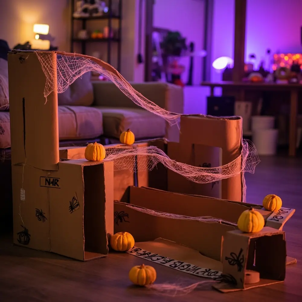 How to Build a Pumpkin Race Track and Learn About Gravity 7 Decorated small spiderwebs the wide pumpkin faux line plastic showing sitting out a starting zoomed and track h3 to gourds at with ready image slightly two finished shot 7 are strong race fully spiders assembled