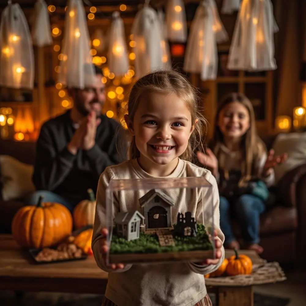 The $10 Dollar Store Craft Challenge: Who Can Make the Best Decoration? 7 Image-7: A photo of the winner, a young girl, proudly holding up her winning craft (a diorama of a graveyard scene) while her family applauds and cheers in the background.
