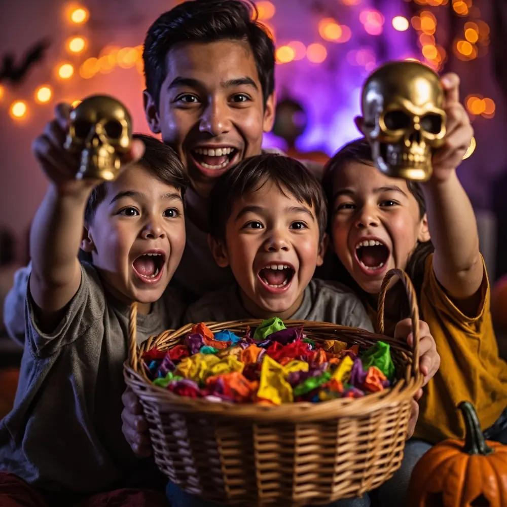 How to Organize a Halloween-Themed Scavenger Photo Hunt 7 Cheering small skull golden the trophy basket halloween up candy holding a and h3 of team their prize photo image 7 strong winning big