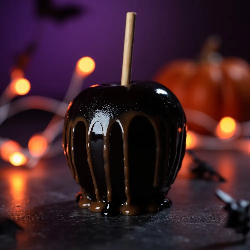 How to Make 'Poison' Candy Apples (with a Dark Caramel Drizzle) 8 Image-8: A stunning close-up of one finished ‘Poison’ Candy Apple, showcasing the contrast between the glossy black shell and the textured caramel drips.
