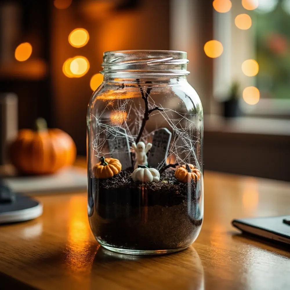 How to Create a Spooky Halloween Terrarium in a Jar 8 Image-8: A beautifully styled photo of the completed Halloween terrarium sitting on a wooden desk next to a book and a mug of coffee.
