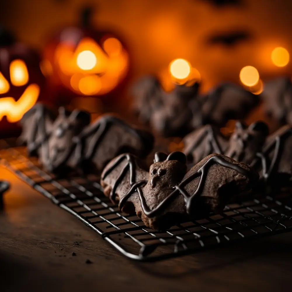 Recipe: Spiced Chocolate Bat Cookies for a Spooky Treat 8 Image-8: A close-up shot of a few finished cookies, decorated with a spooky black glaze.